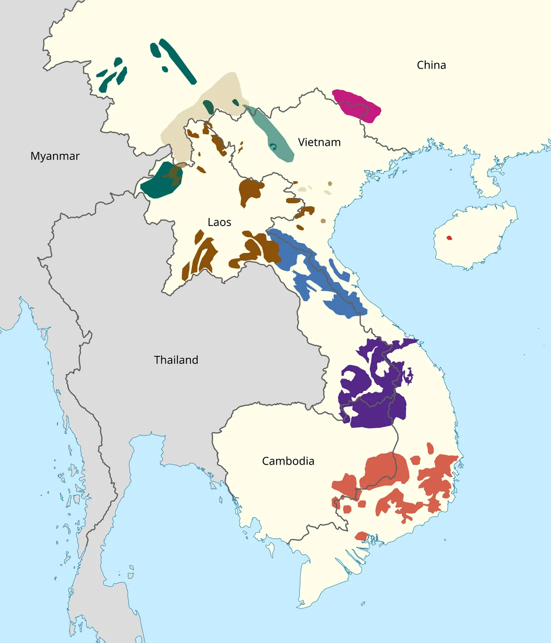 Carte de l'Asie du Sud-Est montrant en couleurs les aires de répartition des gibbons à crête du genre Nomascus, dont une minuscule zone sur l'île de Hainan.